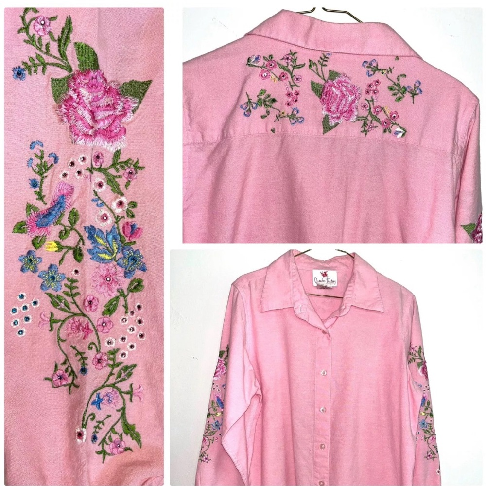 QUACKER FACTORY LS Pink Embroidered Shirt,SM Ladies, Garden Grandmacore Cottage